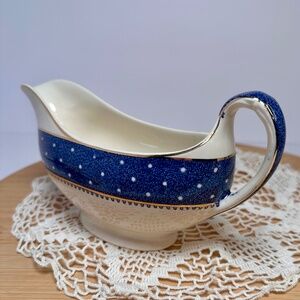 Vintage Staffordshire England Gravy Boat | Blue & White |   22K Gold Trim